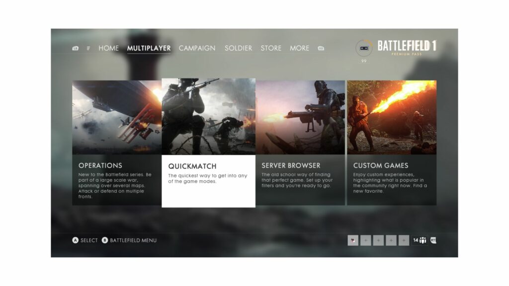 battlefield 1 quickplay menu